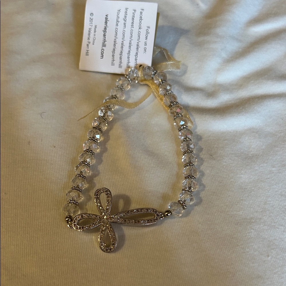 Clear Beaded Hair Tie with Silver Cross Charm
